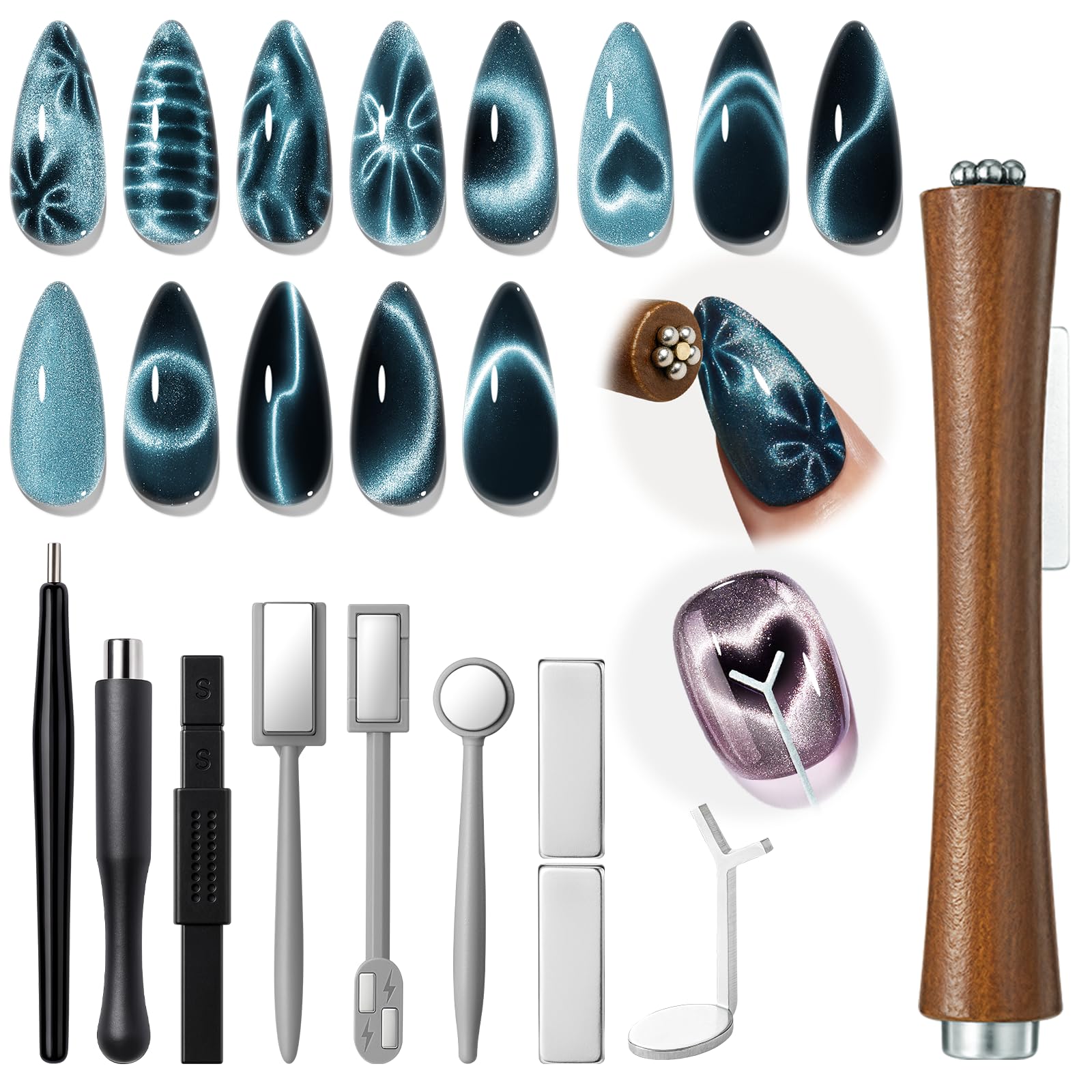 Cat Eye Magnet Nail Art Kit 10pc 3-in-1 Gel Polish Magnet Pen Heart Round
