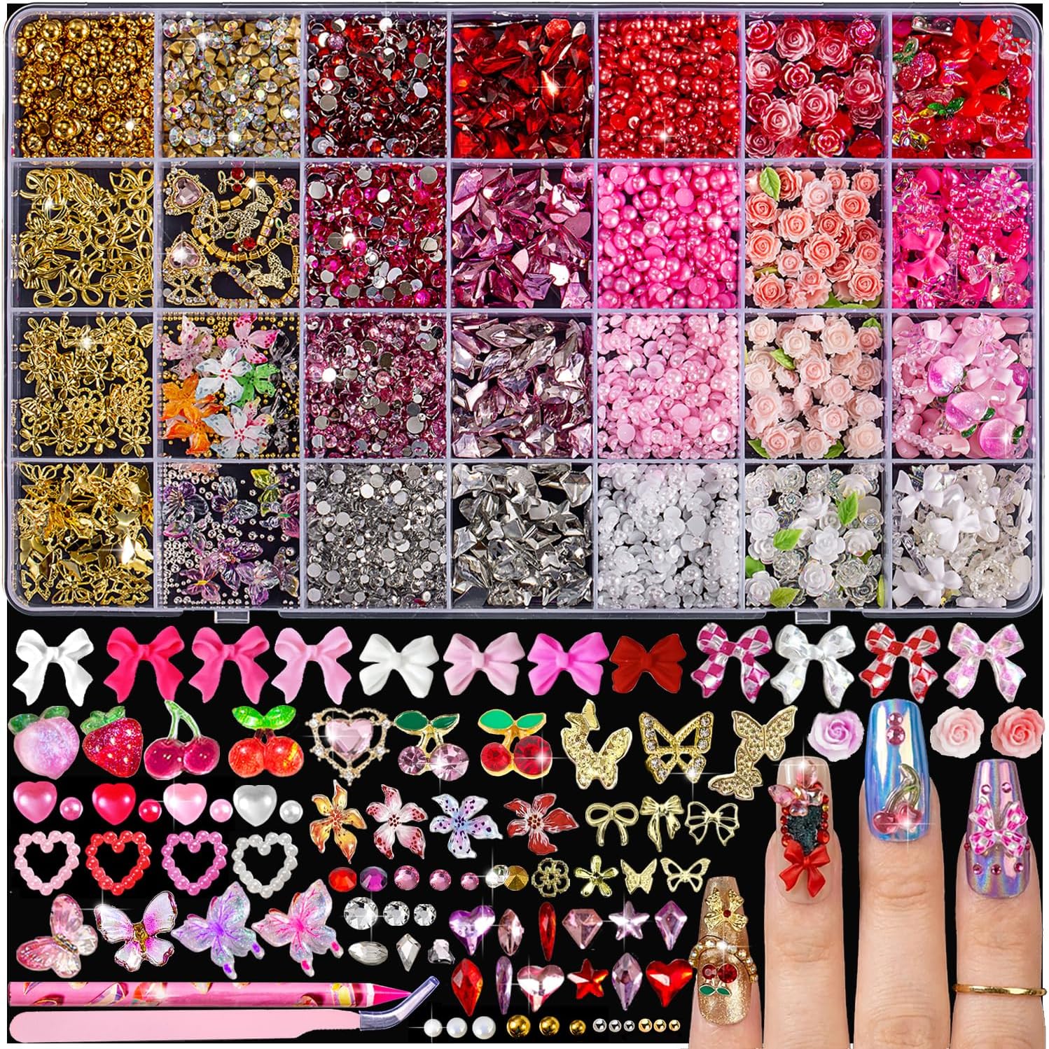 28 Grid Nail Charms Kit with Rhinestones, 3D Bows Flowers & Nail Art Supplies